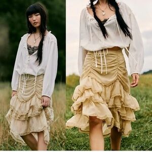 Free People Calliope Ruffle Midi Skirt XS Hi Lo Lt Green Sage Boho